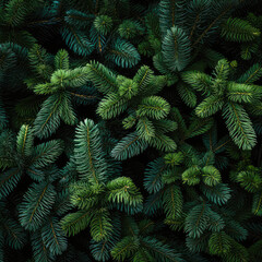Fototapeta na wymiar Christmas tree flat lay background, coniferous tree branches. Fir and pine branches with copy space.