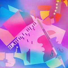 Modern music poster with abstract and minimalistic musical instruments assembled from colorful geometric forms and shapes. Vibrant musical collage with violoncello, saxophone, trumpet and piano	
