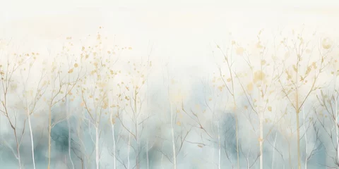 Deurstickers Misty mood in the winter forest. Gold, grey, brown beige, pale blue and green ink trees illustration. Romantic and mourning landscape for seasonal or condolence greetings. © Caphira Lescante