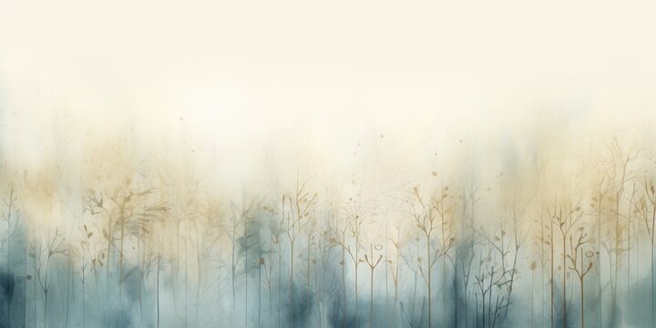 Misty mood in the winter forest. Gold, grey, brown beige, pale blue and green ink trees illustration. Romantic and mourning landscape for seasonal or condolence greetings.