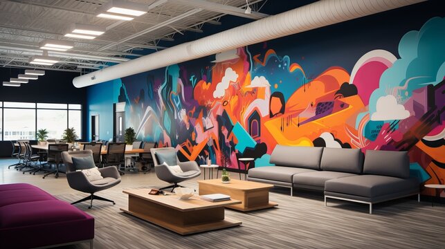 Colorful wall open space modern office interior with painting on walls