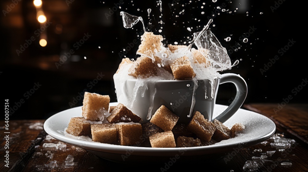 Sticker sugar cubes overflowing in a cup of coffee.