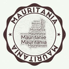 Mauritania logo. Astonishing country badge with word cloud in the shape of Mauritania. Round emblem with country name. Amazing vector illustration.