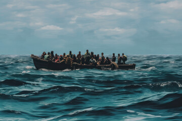 Refugees in a boat (AI Generated)  - 640007709