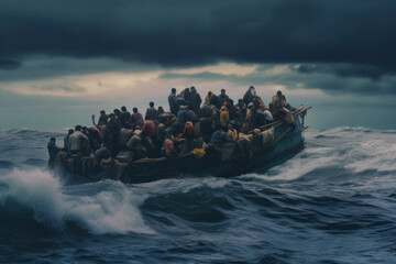 Refugees in a boat (AI Generated)  - 640007711