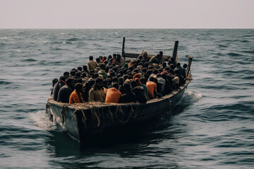 Refugees in a boat (AI Generated)  - 640007721
