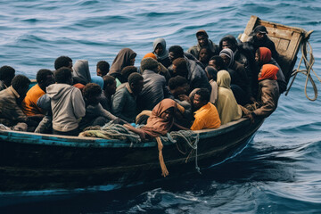 Refugees in a boat (AI Generated)  - 640007727