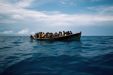 Refugees in a boat (AI Generated)  - 640007748