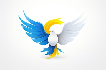 Dove as a symbol of peace, in the style of light blue and yellow on white background, Ukrainian conflict peace concept