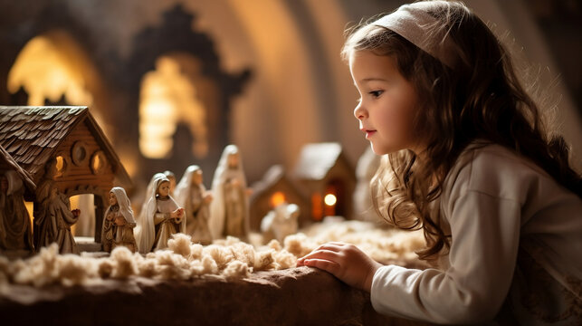 A girl toddler child at a church looking at the nativity scene Christmas Noel joy happy holidays