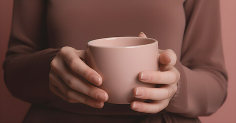 Close up coffee mug with hand.