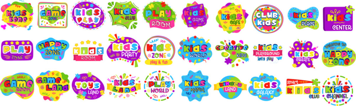 Kids Zone logo. Game room logo, banners. Children zone, activity game. 