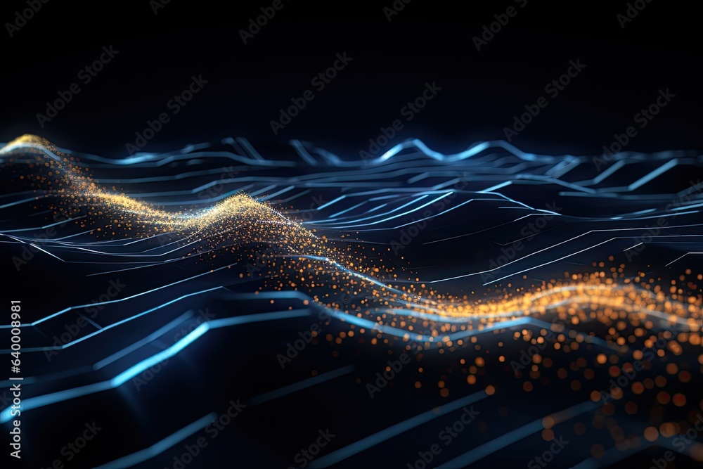 Poster 3d rendering of abstract technology digital particles. Network connection structure. Big data visualization. digital technology wallpaper with flowing binary waves and data points, AI Generated