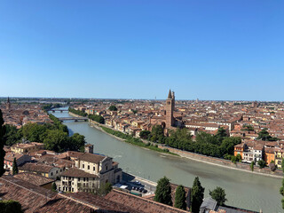 view of Verona, a city in Italy and the river Adige on a sunny day