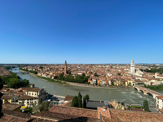 view of Verona, a city in Italy on a sunny day with the river Adige