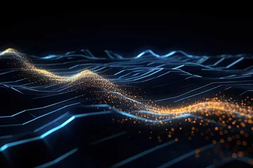 Fototapete Fraktale Wellen 3d rendering of abstract technology digital particles. Network connection structure. Big data visualization. digital technology wallpaper with flowing binary waves and data points, AI Generated