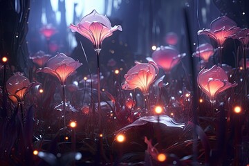 Fototapeta premium 3d illustration of fantasy flowers in the dark forest with red light, Abstract fantasy space plants and glowing flowers, AI Generated