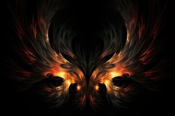abstract fire wings on a black background, fractal art design, Fire wings on a dark background, Abstract fractal. Fractal art background for creative design. Decoration for wallpaper, AI Generated