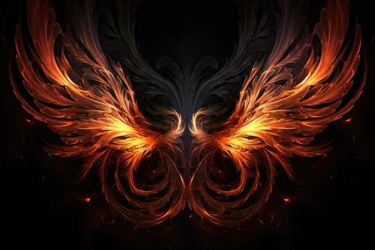 abstract fire wings on a black background, fractal art design, Fire wings on a dark background, Abstract fractal. Fractal art background for creative design. Decoration for wallpaper, AI Generated