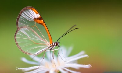 Fototapeta na wymiar macro Photo of Glasswinged Butterfly on single pastel flower