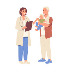 Friendly smiling pediatrician talking with mom holding baby patient in hands isolated on white