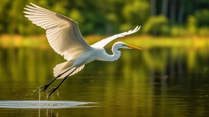 White egret in flight over water, in nature background  - obrazy, fototapety, plakaty
