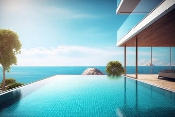 Modern luxury pool villa with sea view background.