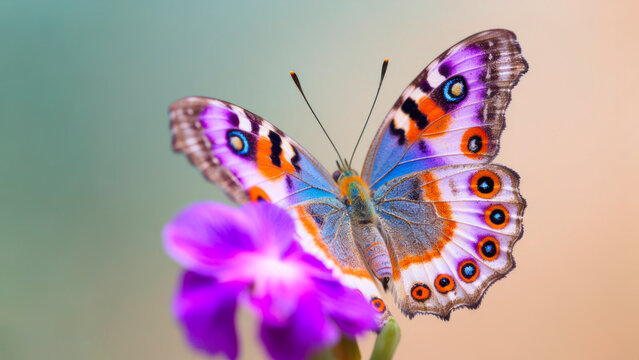 macro Photo of Peacock Butterfly on single pastel flower