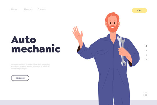 Auto mechanic professional staff at repair service worker advertising landing page design template