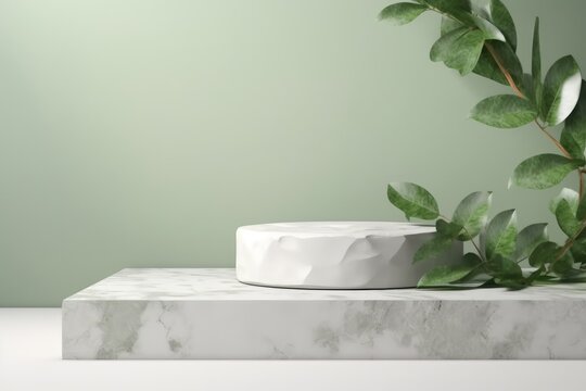 Natural stone and concrete podium in Natural green background