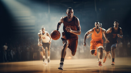 Basketball players in compeiition sports match on basketball court, NBA athletes