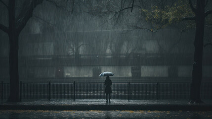 A figure standing alone under a heavy rainfall with umbrella, symbolising isolation, lonliness  and sadness.