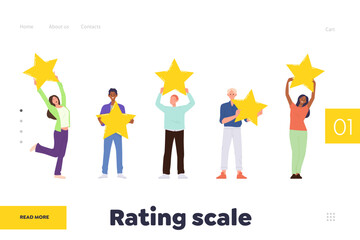 Rating scale landing page design template with happy business people character holding golden star