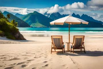 Schilderijen op glas Chairs and umbrella on the beach on island vacation, Beach summer relax in the sun.  © Dani Cardozo