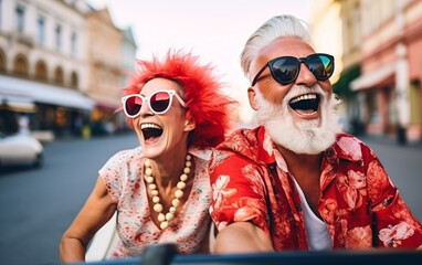 Senior couple on vacation have fun together, ride in cabrio car - obrazy, fototapety, plakaty