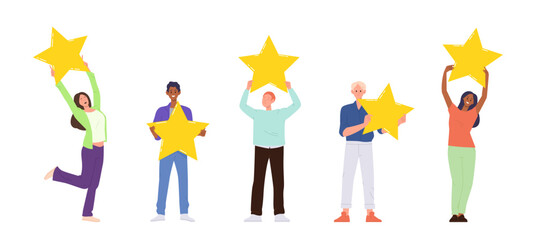 Isolated set of diverse people customers holding golden rating star giving positive feedback