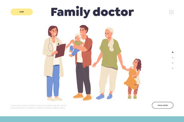 Family doctor online service landing page design template with parents and children at appointment