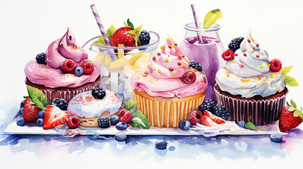 watercolor of set desserts and drinks