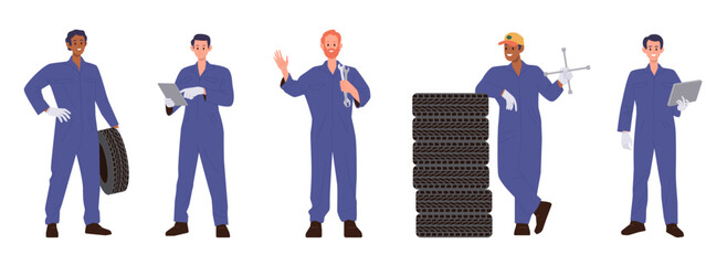 Auto mechanic character in uniform with tools, laptop, spare part and car tire isolated set