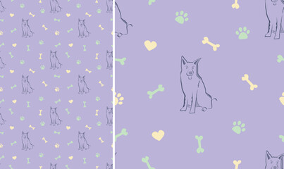 One-color dog seamless pattern with bones, hearts, and paws on a playful violet background. Holiday texture with mixed-breed dog in one color, line art style, white and dark dog icons, blue wallpaper.