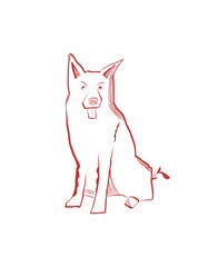 Mixed-breed dog in one color, line art style, white and red illustration. Dog stroke outline. Hand-drawn doodles, Simple dog graphic, artistic pet logo. Smiling dog doodles. Schematic portrait.