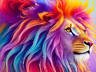 Lion with rainbow colored hair. AI generated illustration