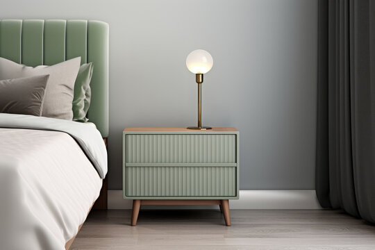 Fototapeta Bedroom interior with a stylish nightstand next to bed. Minimalist and elegant design. 
