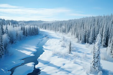 An aerial landscape of winter river in snowy forest