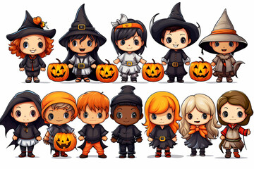 Cartoon cute children in costumes Trick or Treating with jack o lantern on white background