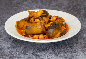 Homemade eggplant dish with chickpeas and meat