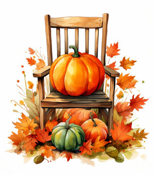 recommend clip art: Autumn Chair with Watercolor Pumpkin and Leaves - Illustration for Thanksgiving Decoration Card