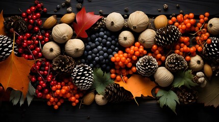 Obraz na płótnie Canvas Autumn mood as autumn decorations and decorations on a table with pumpkins, corn and berries for Thanksgiving. - Generative AI