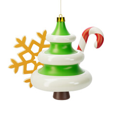 New year's ornaments 3d illustration. Christmas tree, candy cane and snow flake cookie. Bright festive toys
