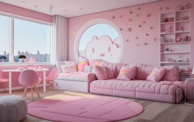 Stylish interior of a children's room in pink color. room for little girls.